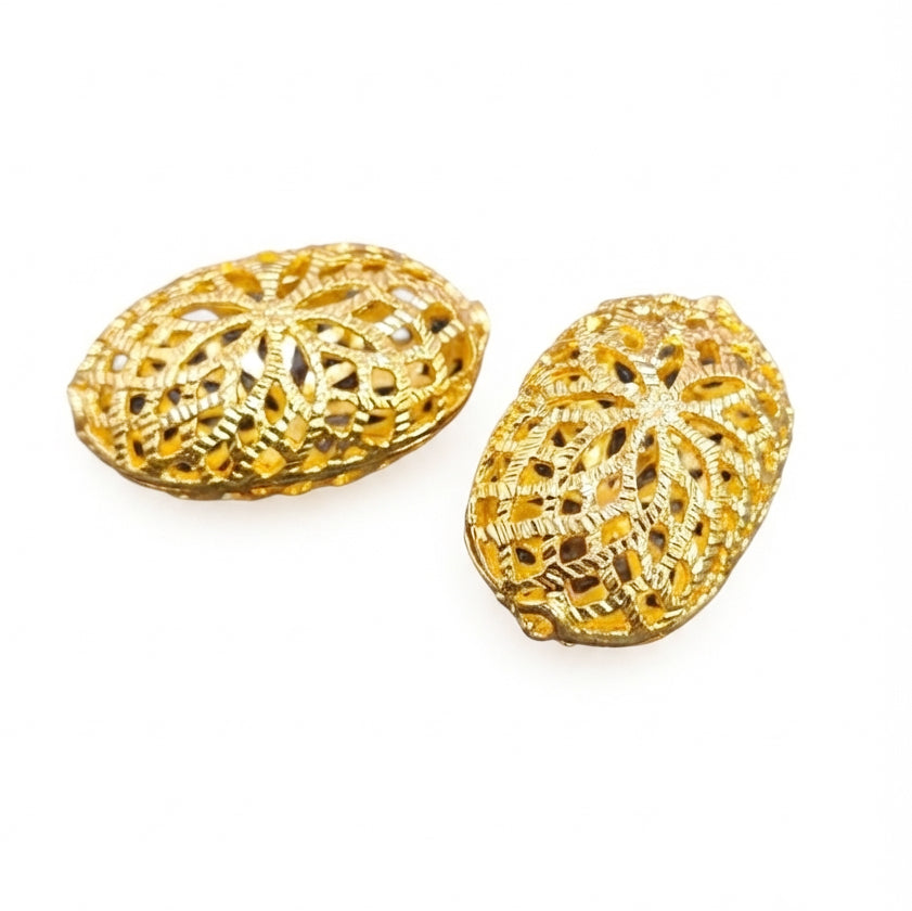Gold Plated Brass Floral Filigree Beads – Textured Openwork Statement Jewelry Components (30x18 mm, 2-Piece Pack)