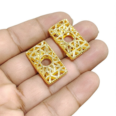 Gold Plated Brass Rectangular Filigree Beads – Textured Openwork Statement Jewelry Components (27x16 mm, 2-Piece Pack)