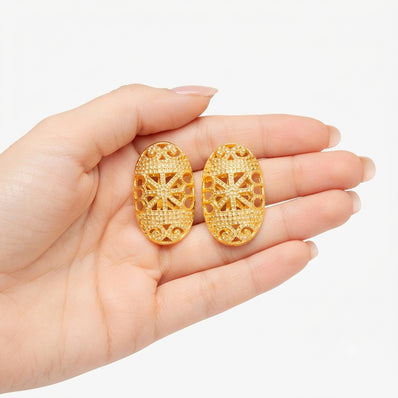 Gold Plated Brass Oval Filigree Beads – Intricate Openwork Statement Jewelry Components (29x18 mm, 2-Piece Pack)