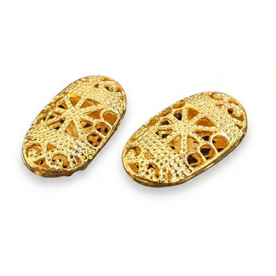 Gold Plated Brass Oval Filigree Beads – Intricate Openwork Statement Jewelry Components (29x18 mm, 2-Piece Pack)