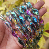 13/PCS LOT, FINE QUALITY OF AB FINISH GLASS CRYSTAL BEADS LINE, TWISTED BEADS, SIZE ABOUT 22X12MM