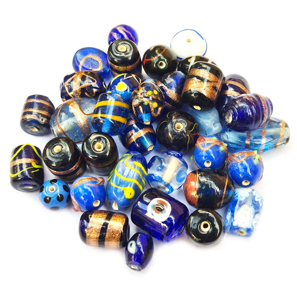 200 GRAMS PACK' BLUE TONE FANCY LAMPWORK BEAD MIX