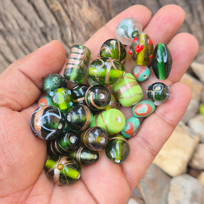 200 GRAMS PACK' GREEN TONE FANCY LAMPWORK BEAD MIX