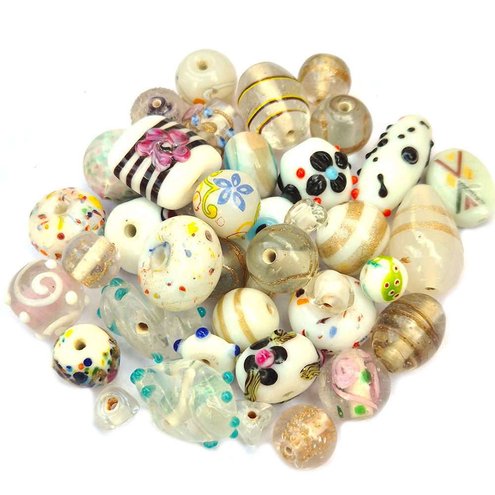 200 GRAMS PACK' WHITE AND CLEAR TONE FANCY LAMPWORK BEAD MIX