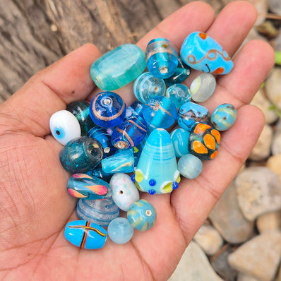 200 GRAMS PACK' TURQUOISE AND AQUA TONE FANCY LAMPWORK BEAD MIX
