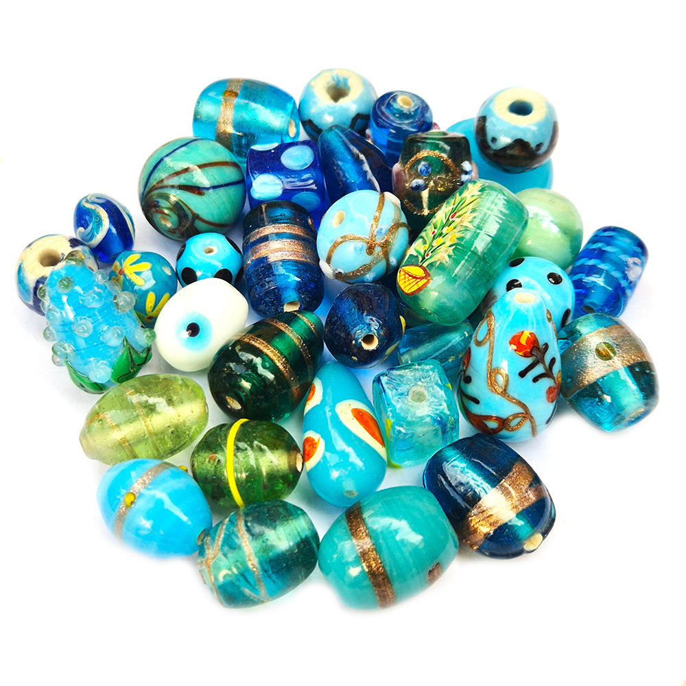 200 GRAMS PACK' TURQUOISE AND AQUA TONE FANCY LAMPWORK BEAD MIX