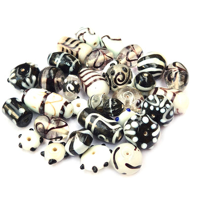 200 GRAMS PACK' BLACK AND WHITE TONE FANCY LAMPWORK BEAD MIX