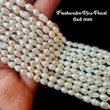 RICE PEARLS' 52-53 PCS/STRAND/LINE' NATURAL FRESHWATER PEARL BEADS NATURAL COLOR PEARL BEADS ' FOR DIY NECKLACE BRACELET JEWELRY MAKING BEADING SUPPLIES IN SIZE ABOUT 6x4 MM APPROX