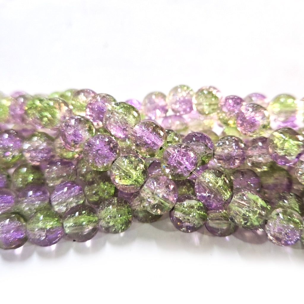 1 Long String about 32 inches long, approx. 100~103 Beads in string, Fine quality of 8mm Size dual Color Crackle Glass beads for jewelry making. Purple and Green tone