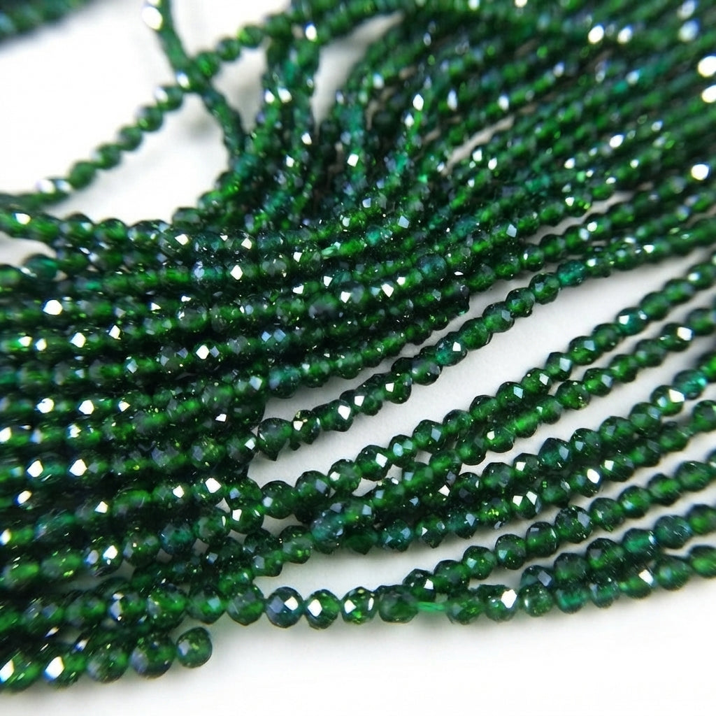 2 mm Green Goldstone (Sunstone) Faceted Round Beads – 185–190 Beads Per String – Semi Precious Gemstone Beads for Jewelry Making