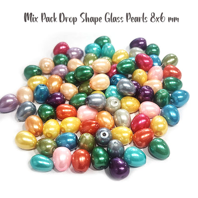 100 PIECES PACK' 8X6 MM APPROX SIZE' ASSORTED MIX PACK OF COLORFUL DROP SHAPE GLASS PEARL BEADS