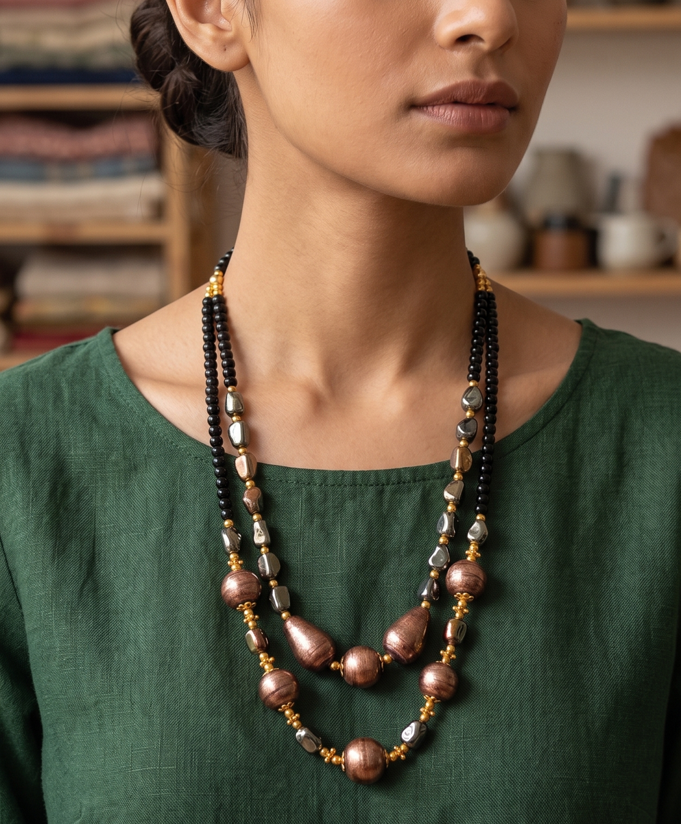 Handcrafted 2-Row Metallic Copper & Black Glass Bead Statement Necklace