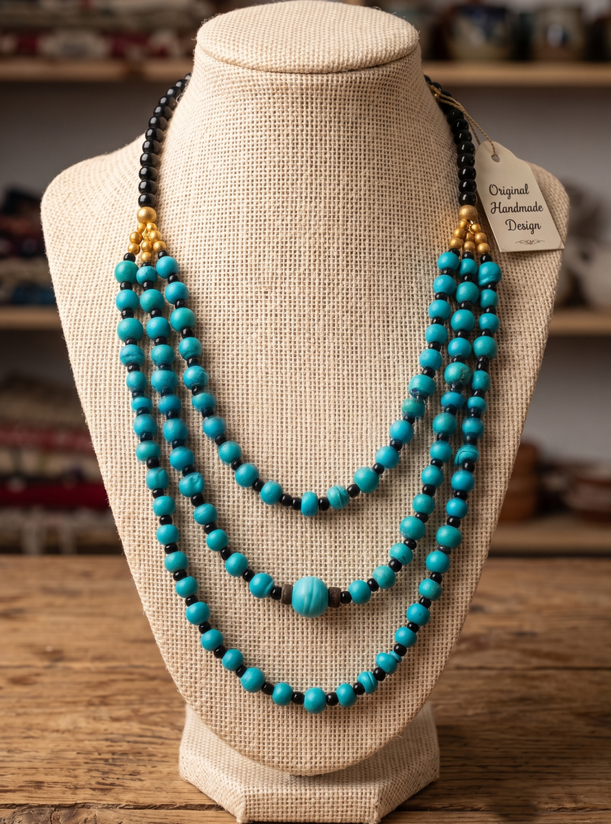 (Economy Edition) Handcrafted 3-Row Turquoise Glass Bead Statement Necklace
