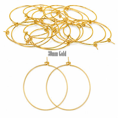 30mm Gold Plated Stainless Steel Material, Hoop Earring Findings - Pack of 40 Pieces | Thin Round Hoop Wire for DIY Jewelry Making, Charms, Beads & Pearl Earrings