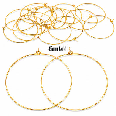 45mm Gold Plated Stainless Steel Hoop Earring Findings – Pack of 40 Pieces | Thin Round Hoops for DIY Jewelry Making, Charms, Beads, Pearl & Pendant Earrings