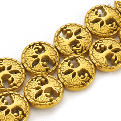 2 PIECES PACK' TREE OF LIFE' ELECTROPLATED' NON MAGNETIC GOLD SHADE HEMATITE BEADS' 12 MM