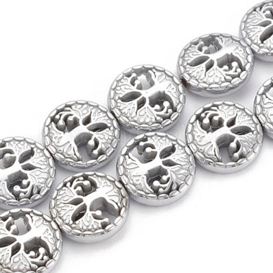 2 PIECES PACK' TREE OF LIFE' ELECTROPLATED' NON MAGNETIC SILVER SHADE HEMATITE BEADS' 12 MM