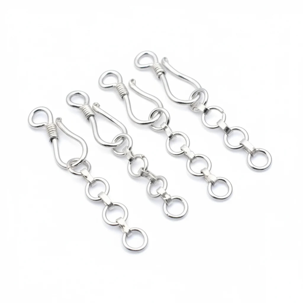 Brass S Hook Clasp with Extension Chain for Jewelry Making – 5 Pieces Pack | Silver Finish Jewellery Findings
