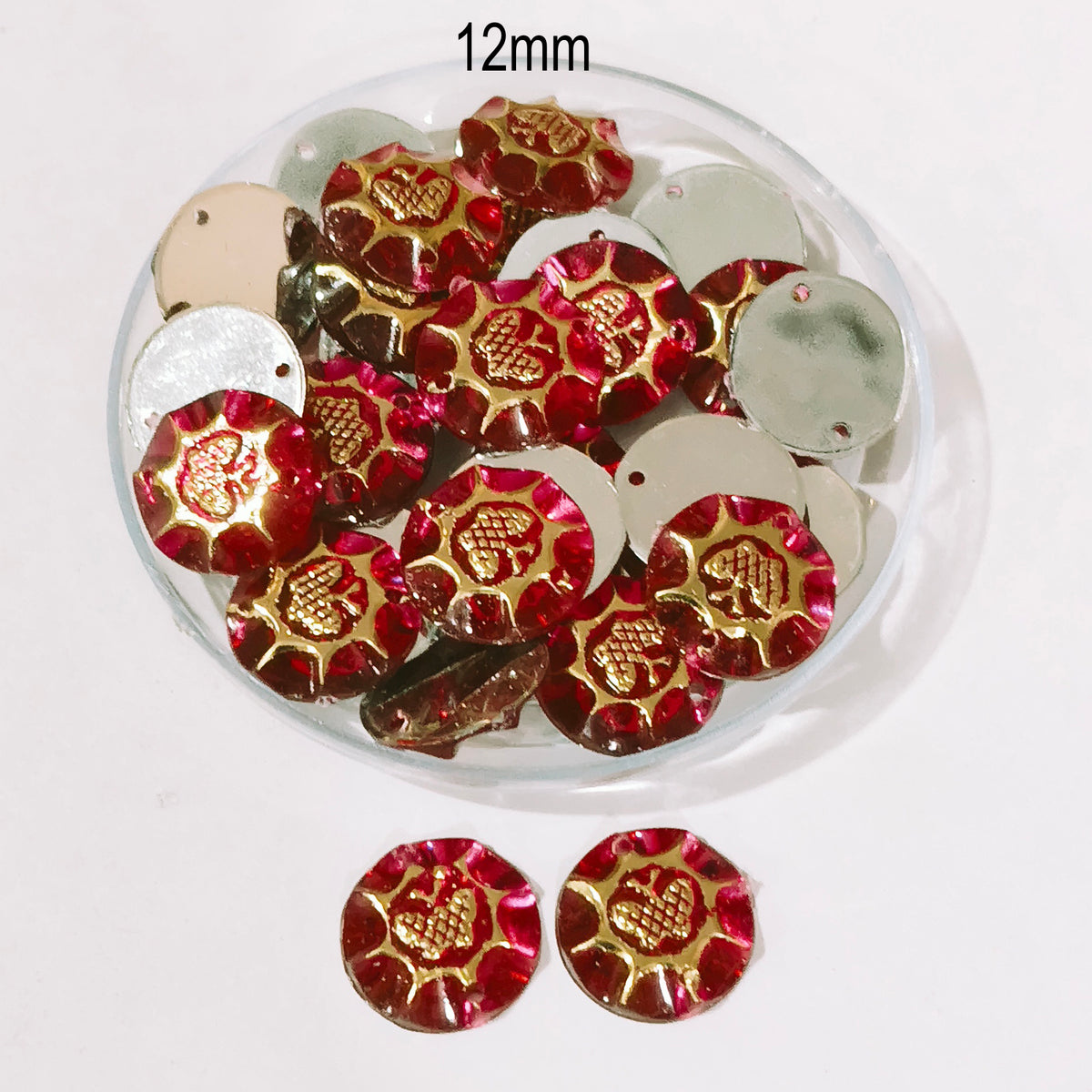 50 grams pack,12mm Acrylic Rhinestone 2-Hole Sew-On Stones – Red & Gold Heart Design