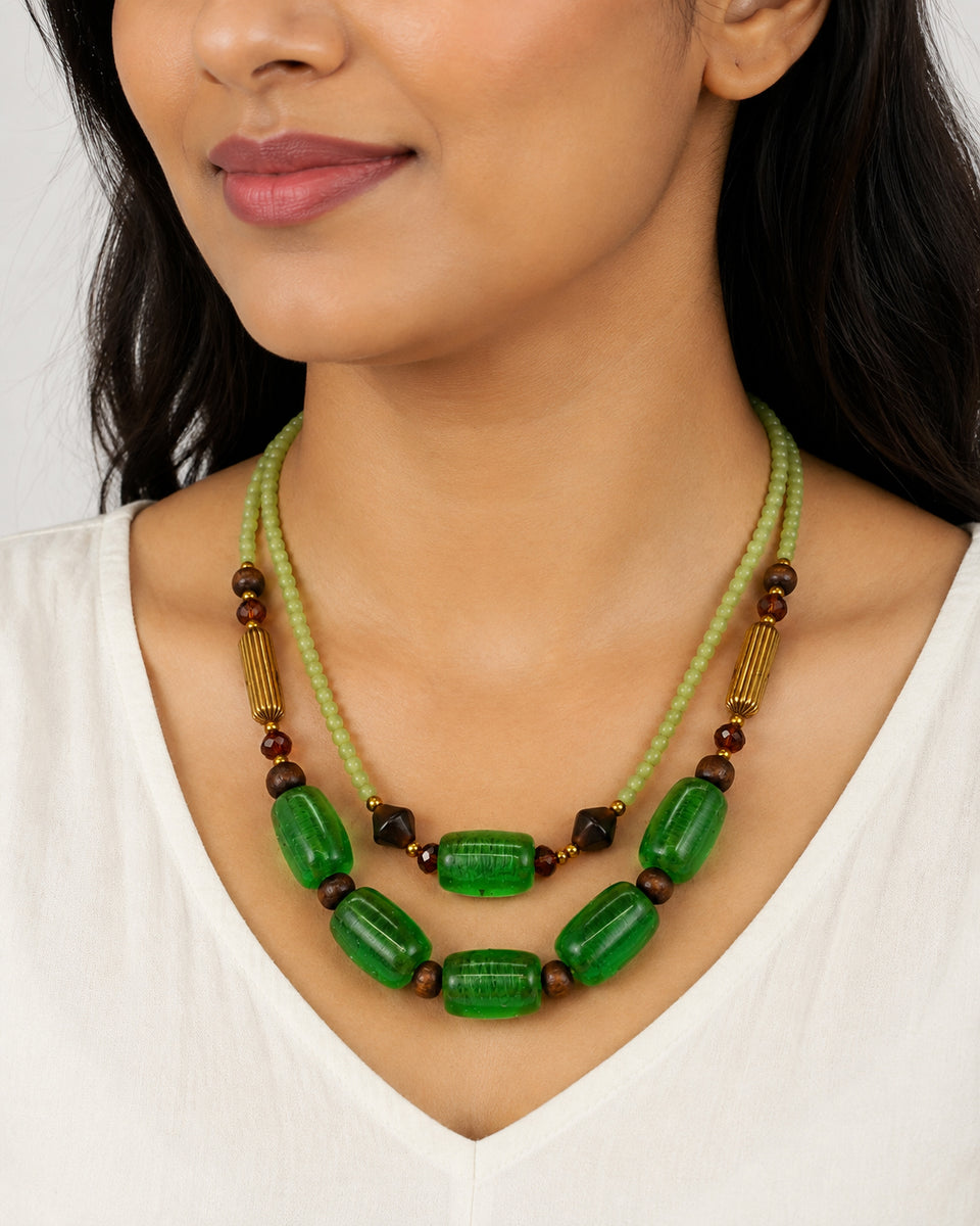 Handcrafted 2-Row Emerald Green Glass & Gold-Fluted Bead Statement Necklace