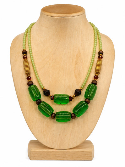 Handcrafted 2-Row Emerald Green Glass & Gold-Fluted Bead Statement Necklace