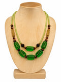 Handcrafted 2-Row Emerald Green Glass & Gold-Fluted Bead Statement Necklace