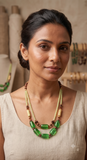 Handcrafted 2-Row Emerald Green Glass & Gold-Fluted Bead Statement Necklace