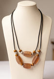 Sale Handcrafted Boho 2-Strand Amber frosted Glass & Wooden Bead Statement Necklace
