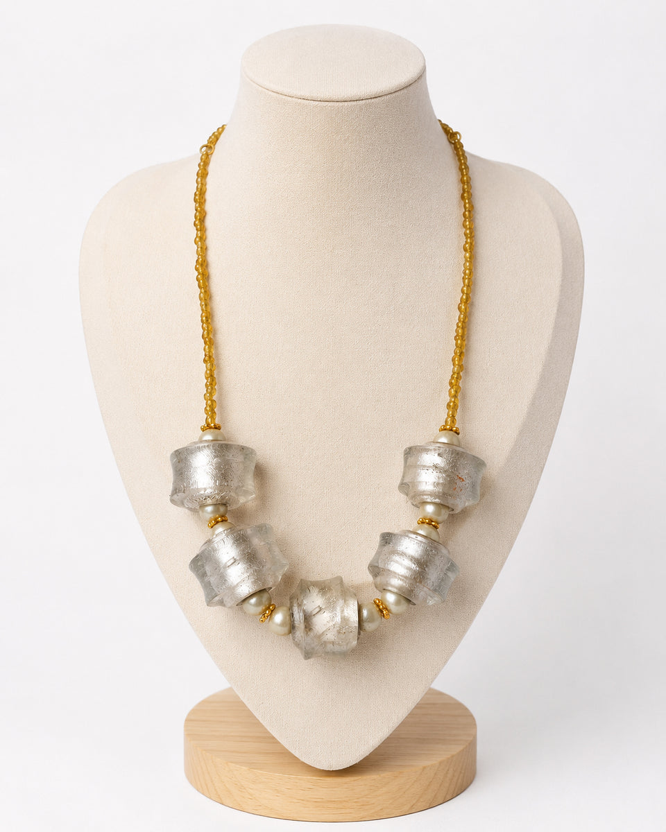 Sale Handcrafted 18-Inch Silver Foil Large Glass Bead Necklace with Gold Seed Bead