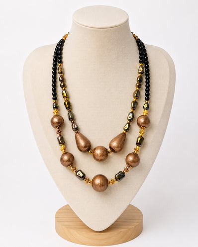 Handcrafted 2-Row Metallic Copper & Black Glass Bead Statement Necklace