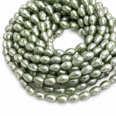 8x11mm Drop Glass Pearl Beads Strand – Sage Green Pearl Finish – Approx. 63~64 Beads per String – Jewelry Making & Craft Supplies