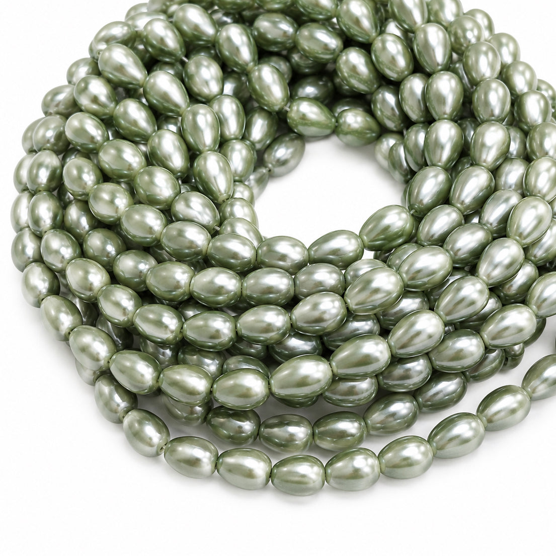 8x11mm Drop Glass Pearl Beads Strand – Sage Green Pearl Finish – Approx. 63~64 Beads per String – Jewelry Making & Craft Supplies