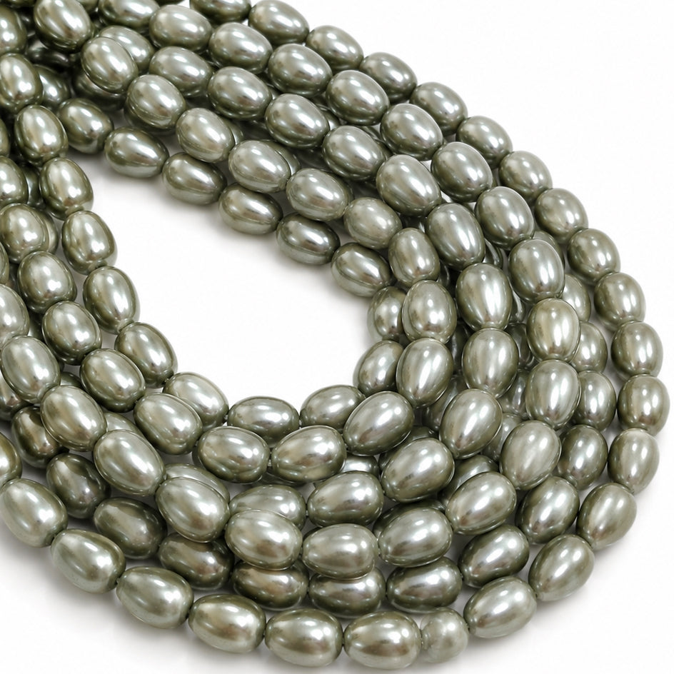 8x11mm Drop Glass Pearl Beads Strand – Olive Silver Pearl Finish – Approx. 63~64 Beads per String – Jewelry Making Supplies