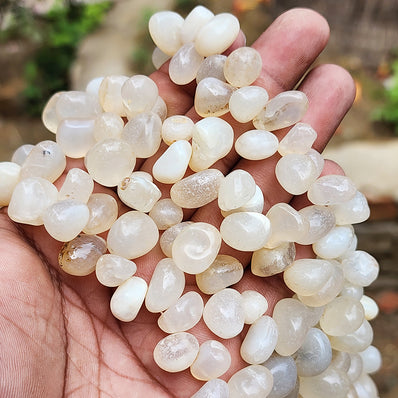 INDIAN WHITE CHALCEDONY STONE BEADS NATURAL 9-20 MM APPROX SIZE MINI TUMBLE NUGGET SHAPE, SOLD PER LINE 14 INCHES LONG, APPROX 55-60 BEADS