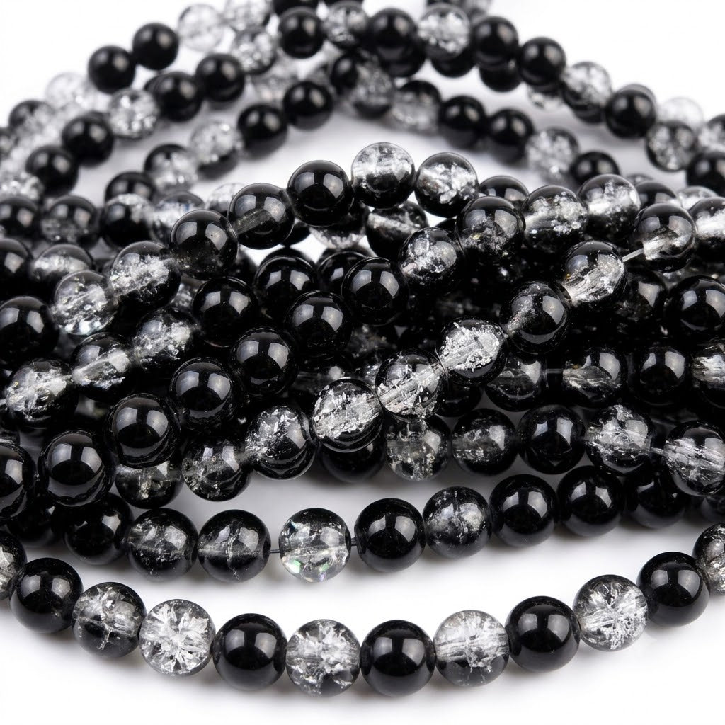 1 Long String about 32 inches long, approx. 100~103 Beads in string, Fine quality of 8mm Size dual Color Crackle Glass beads for jewelry making. Black and white Tone