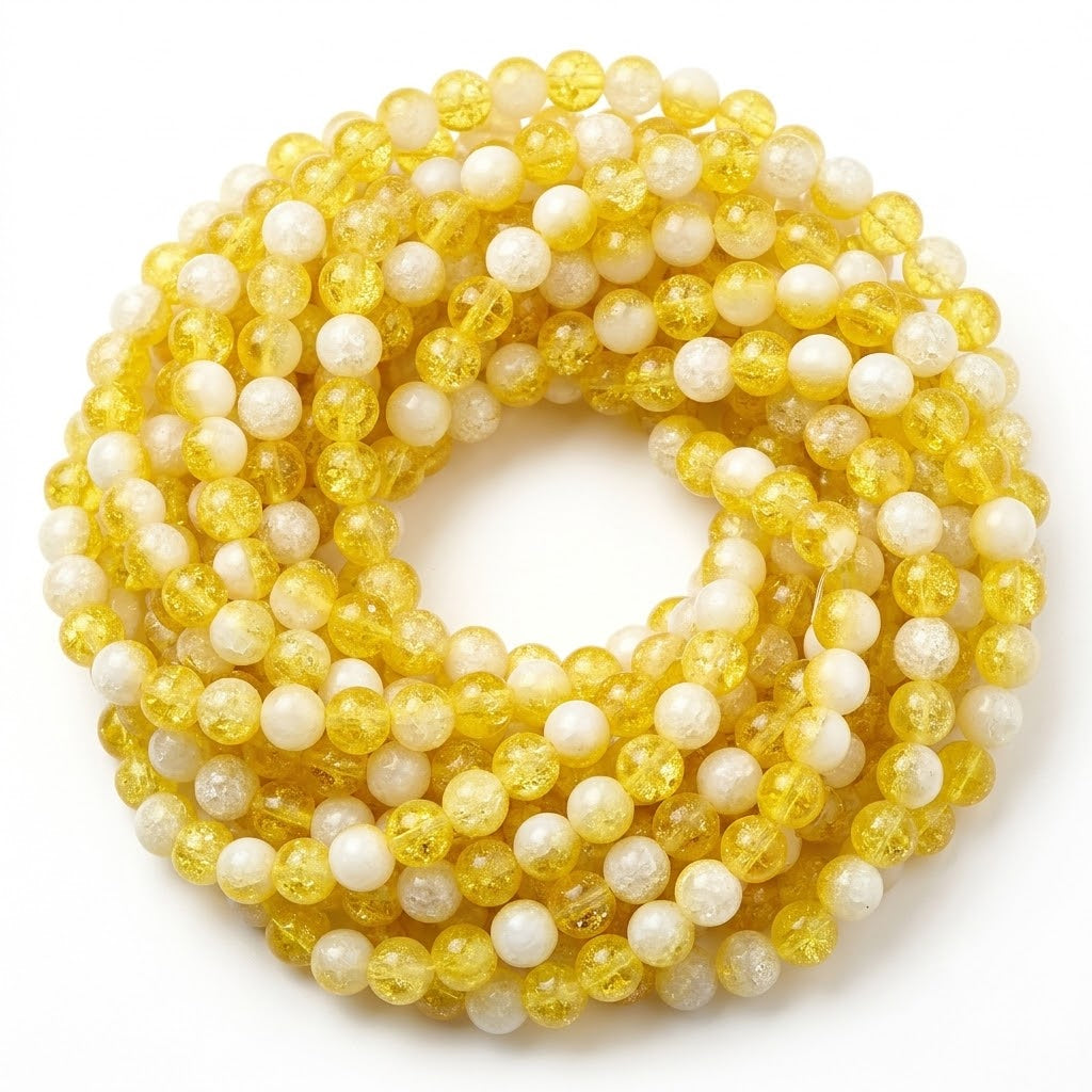 1 Long String about 32 inches long, approx. 100~103 Beads in string, Fine quality of 8mm Size dual Color Crackle Glass beads for jewelry making. Yellow and White