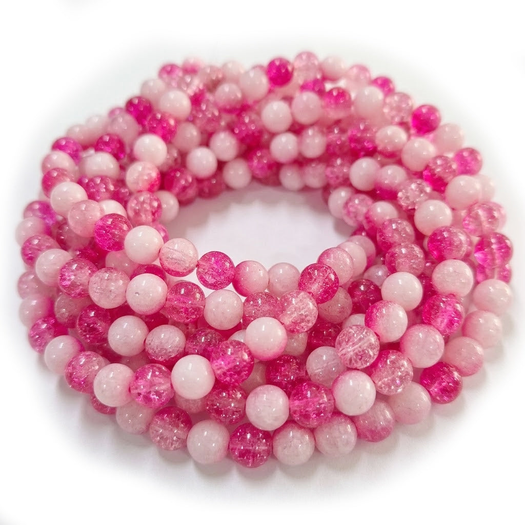 1 Long String about 32 inches long, approx. 100~103 Beads in string, Fine quality of 8mm Size dual Color Crackle Glass beads for jewelry making. Dark Pink and White