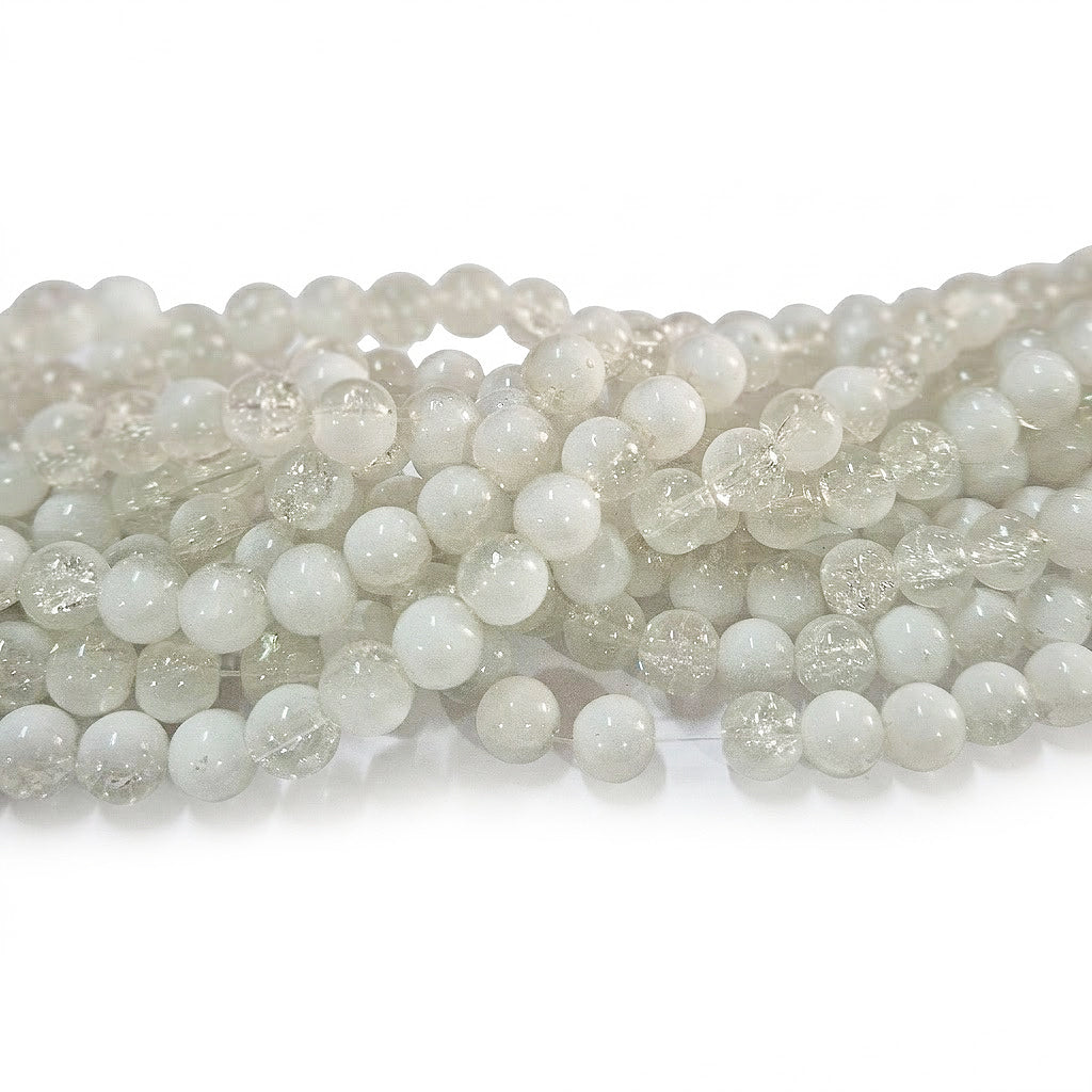 1 Long String about 32 inches long, approx. 100~103 Beads in string, Fine quality of 8mm Size dual Color Crackle Glass beads for jewelry making. Milky white and White