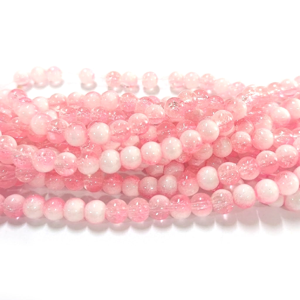 1 Long String about 32 inches long, approx. 140 Beads in string, Fine quality of 6mm Size dual Color Crackle Glass beads for jewelry making. Pink and White Color