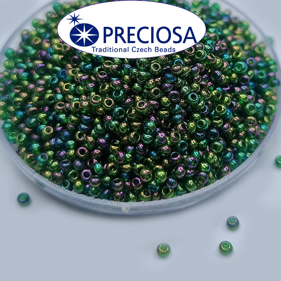 Preciosa Czech Glass Seed Beads 11/0 Size (2mm) Sold Per pack of 20 Grams, Green Rainbow Color
