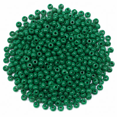 Preciosa Czech Glass Seed Beads 6/0 Size (4mm) Sold Per pack of 20 Grams, Dark Green Opaque Color on white background