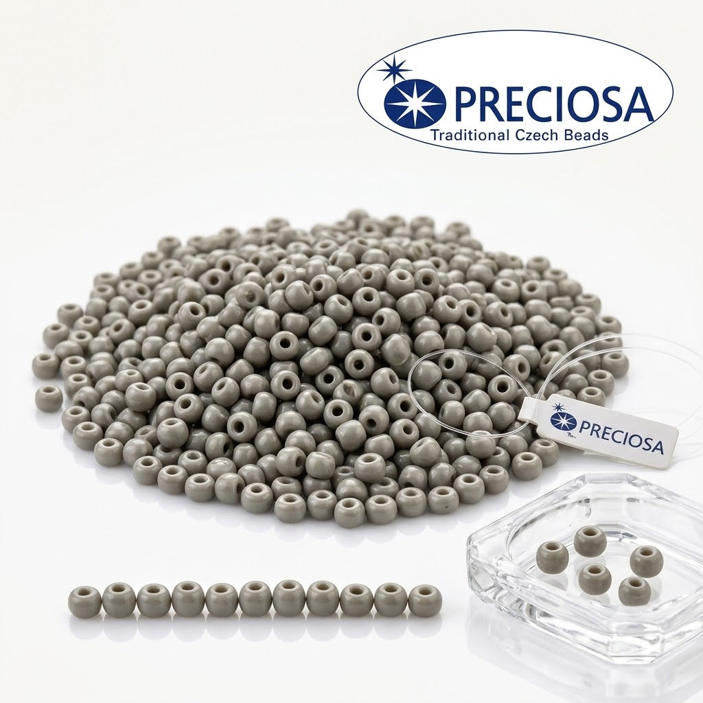 Preciosa Czech Glass Seed Beads 6/0 Size (4mm) Sold Per pack of 20 Grams, Gray Opaque Color on white background
