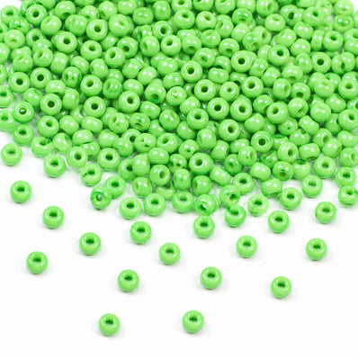 Preciosa Czech Glass Seed Beads 8/0 Size (3mm) Sold Per pack of 20 Grams, Lime Green Opaque Color on white background