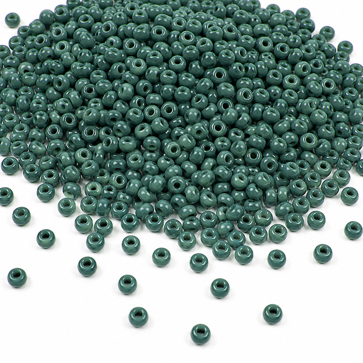 Preciosa Czech Glass Seed Beads 8/0 Size (3mm) Sold Per pack of 20 Grams, Forest green Opaque Color on white background