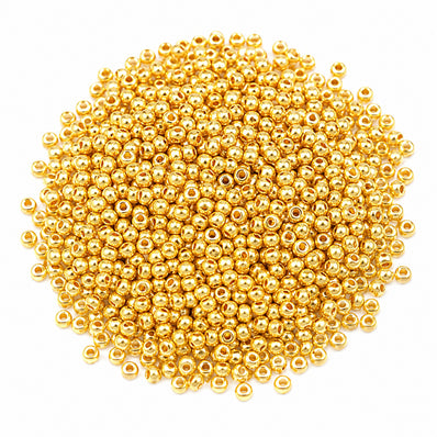 Preciosa Czech Glass Seed Beads 8/0 Size (3mm) Sold Per pack of 20 Grams, Metallic Gold Opaque Color on white background
