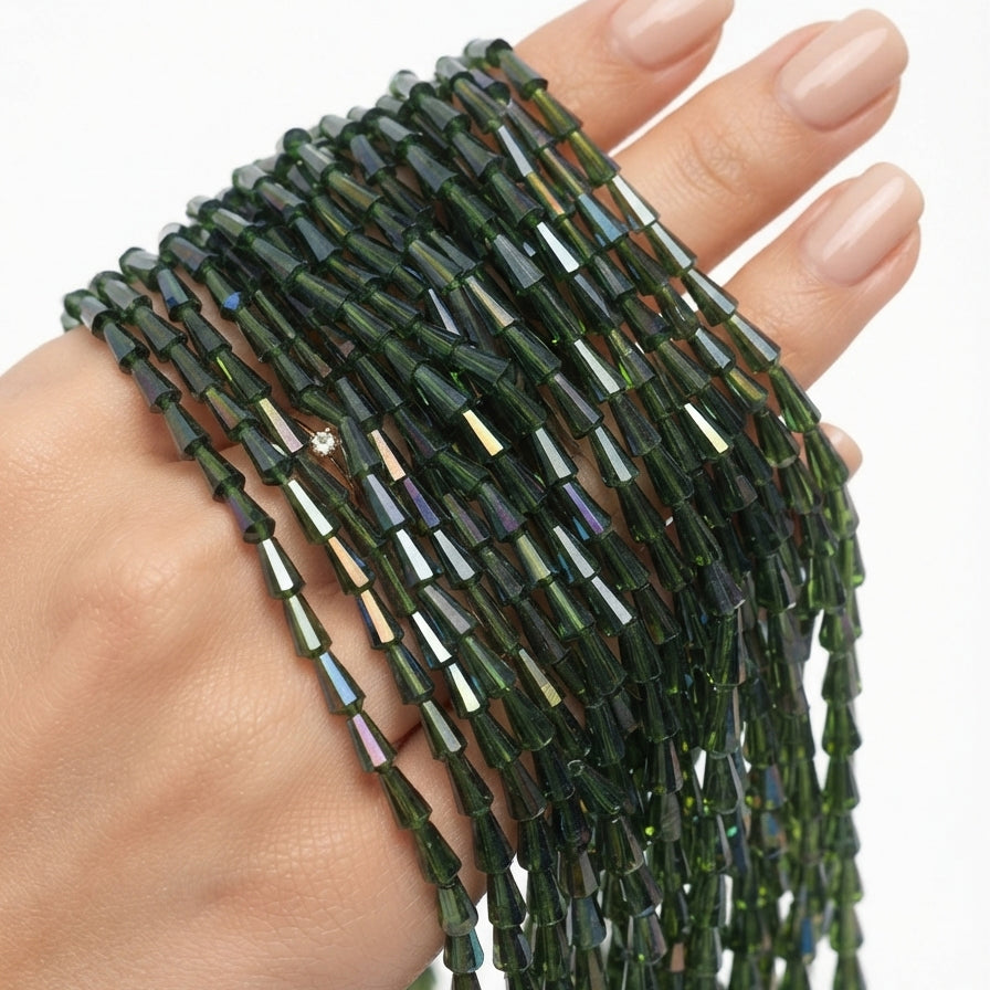 Green AB Pencil Shape Glass Crystal Beads – 8x3mm, 68-70 Pieces Per Loose Pack String
