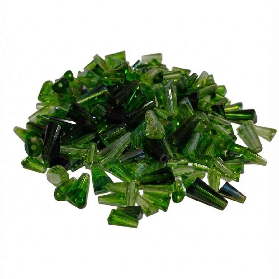 Green Pencil Shape Glass Crystal Beads – 12x5 mm, Mixed Size (8mm-15mm), 100 Pieces Pack