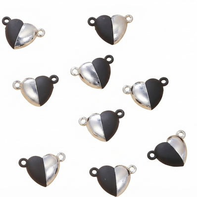 15x10 mm Black & Silver Heart Magnetic Clasp for Jewellery Making – 5 Pieces
