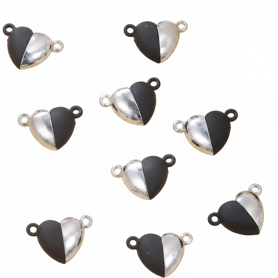 15x10 mm Black & Silver Heart Magnetic Clasp for Jewellery Making – 5 Pieces