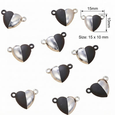 15x10 mm Black & Silver Heart Magnetic Clasp for Jewellery Making – 5 Pieces